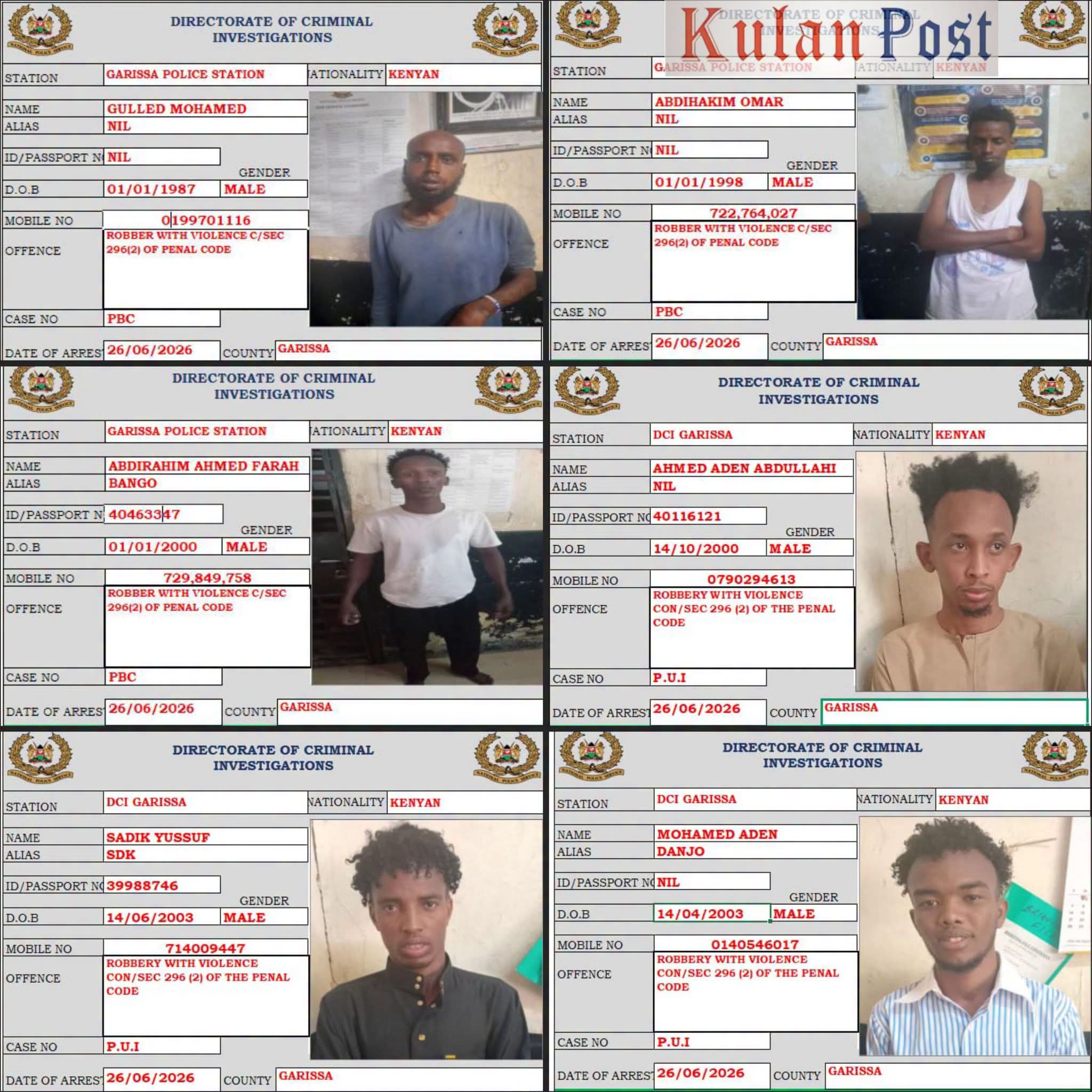 A collage showing six robbery with violence suspects arrested in Garissa and presented by the Directorate of Criminal Investigations (DCI).