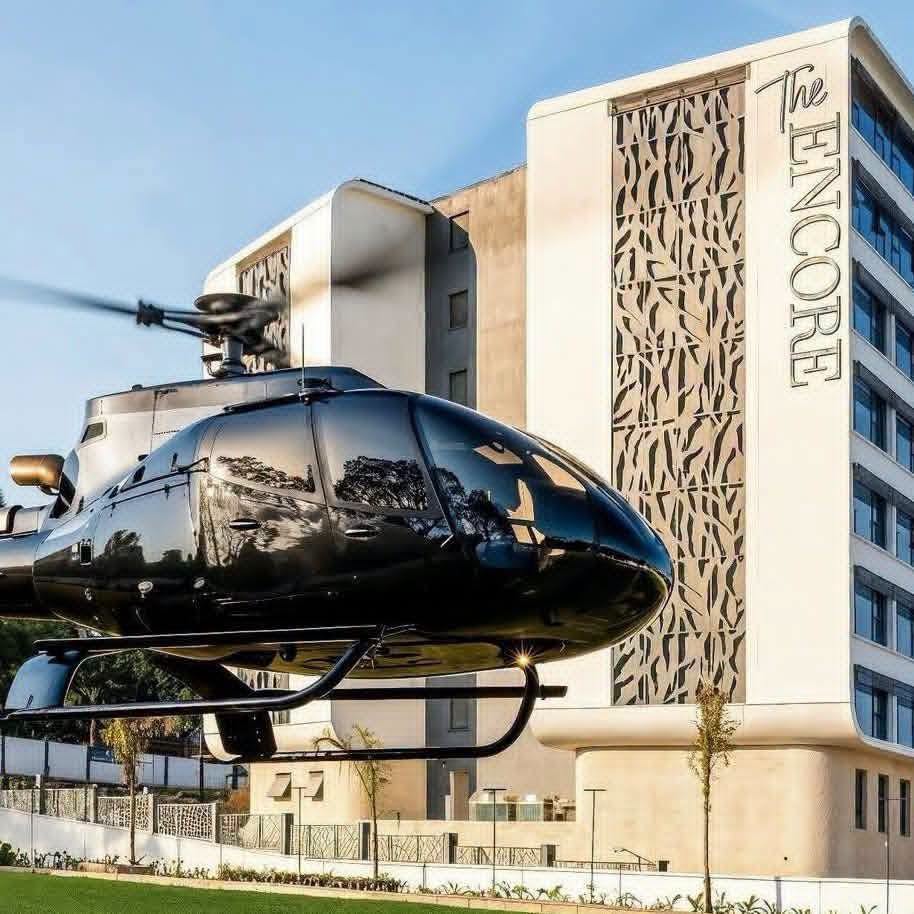 Helicopter landing outside the Encore Hotel