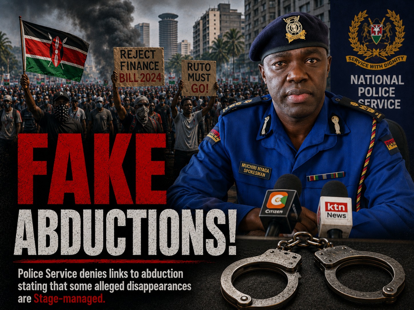 National Police Service spokesman Muchiri Nyaga, Photo of Kenyans in Demostrations, Police Handcuffs, Media Represantation.