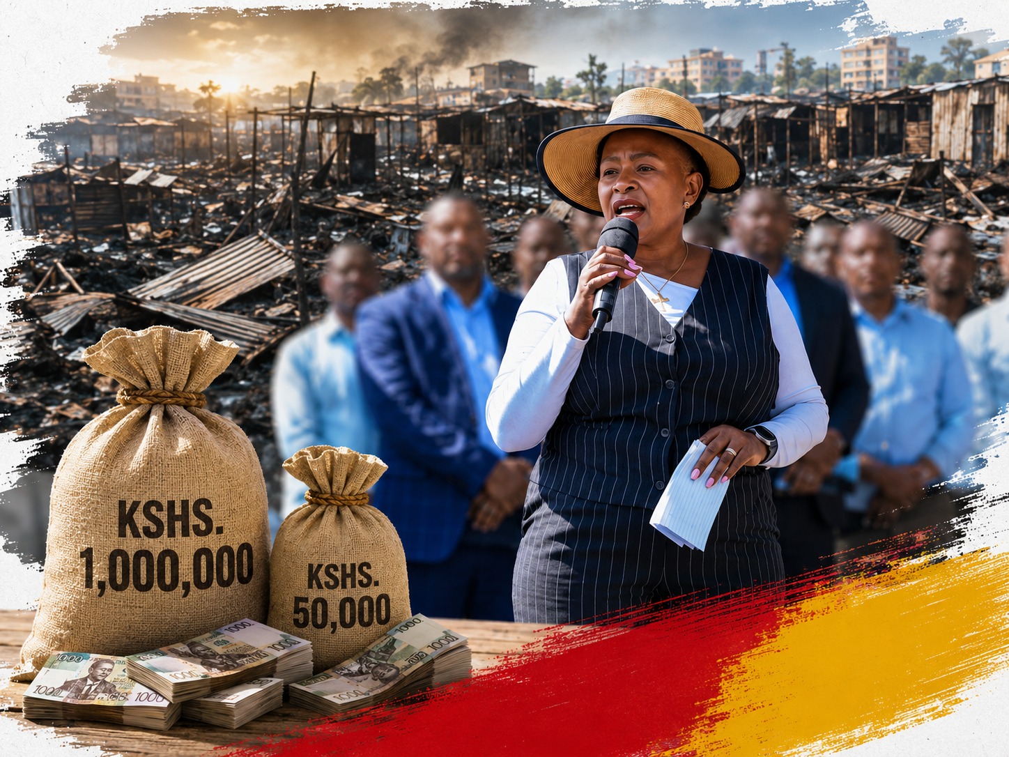 Governor Wavinya Ndeti addressing Machakos residents at razed Machakos Mitumba Market.