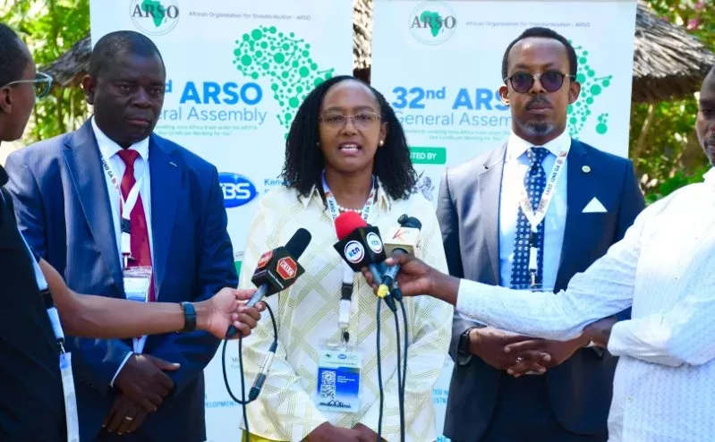 KEBS managing director Esther Ngari,  ARSO secretary general Hermogene Nsengimana and ARSO Champions chairperson Nathan Sing’ambwa during the 32nd General Assembly in Mombasa.