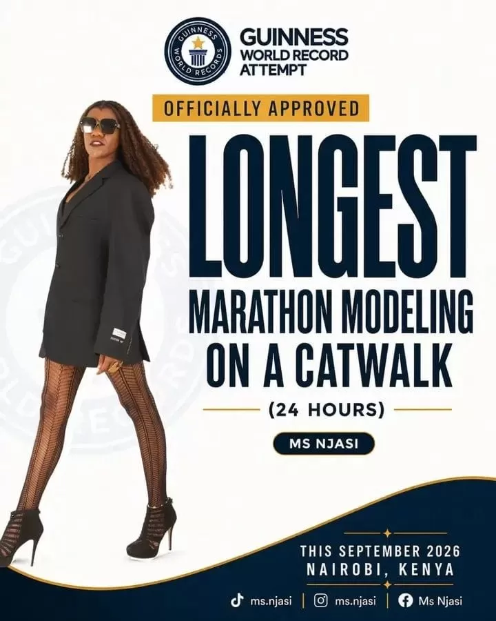 Kenyan model Abbie Njasi standing beside promotional artwork for her 24-hour Guinness World Record catwalk attempt in Nairobi